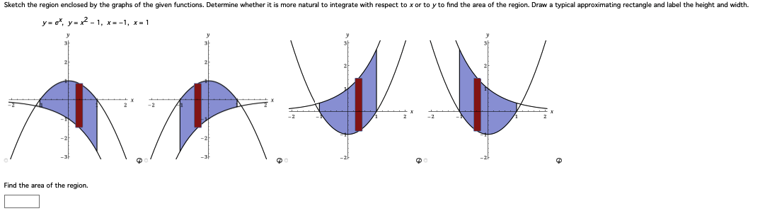 Sketch the region enclosed by the graphs of the given functions. Determine whether it is more natural to integrate with respect to x or to y to find the area of the region. Draw a typical approximating rectangle and label the height and width.
y=e*, y=x²-1, x=-1, x-1
Find the area of the region.