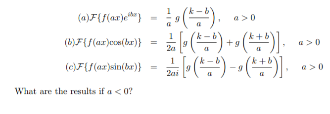 (-).
)-().
n(-)-().
(a)F{f(ax)eb"}
a >0
a
k – b
k+b
(b)F{f(ax)cos(bx)}
a > 0
2a
k – b
(c)F{f(ax)sin(bx)}
[-(-)
a > 0
2ai
What are the results if a < 0?
