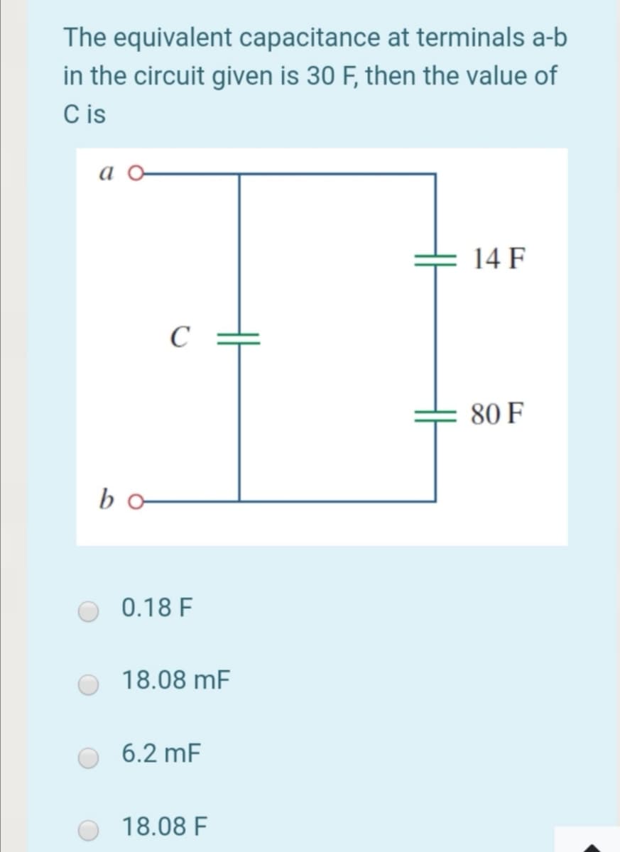 The equivalent capacitance at terminals a-b
in the circuit given is 30 F, then the value of
C is
a o-
14 F
C
80 F
bo
0.18 F
18.08 mF
6.2 mF
18.08 F
