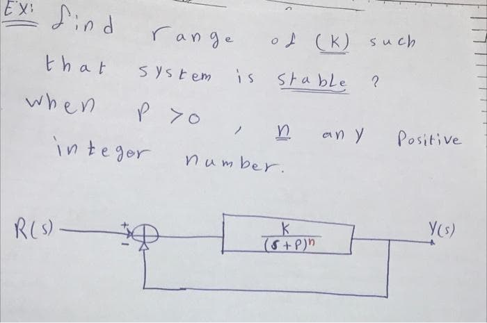 EX:
find
that system is stable
when
P 70
range of (K) such
integer
R(S)
n
number.
K
(5+P)n
?
an y Positive
Y(s)