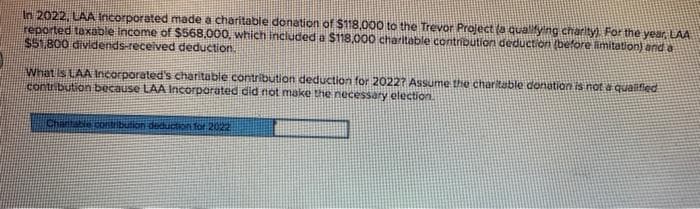 In 2022, LAA Incorporated made a charitable donation of $118,000 to the Trevor Project (a qualifying charity). For the year, LAA
reported taxable income of $568,000, which included a $118,000 charitable contribution deduction (before limitation) and a
$51,800 dividends-received deduction.
What is LAA Incorporated's charitable contribution deduction for 20227 Assume the charitable donation is not a qualified
contribution because LAA Incorporated did not make the necessary election.
Charitable contribution deduction for 2022