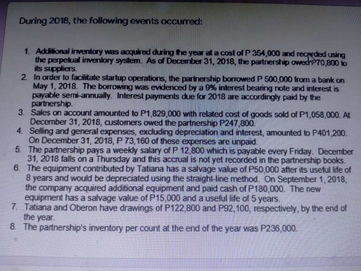 During 2018, the following events occurred:
1. Addilional inventory was acquired during he year at a cost of P 354,000 and recprded using
the perpetual inventory system. As of December 31, 2018, the partnership owedn70,800 to
its suppliers.
2 In order to facilitate startup operations, the partnership borTowed P 500,000 from a bank on
May 1, 2018. The borowing was evidenced by a 9% interest bearing note and interest is
payable semi-annually. Interest payments due for 2018 are accordingly paid by the
partnership.
3. Sales on account amounted to P1,829,000 with related cost of goods sold of P1,058,000. At
December 31, 2018, customers owed the partnership P247,300.
4. Selling and general expenses, exduding depreciation and interest, amounted to P401 200.
On December 31, 2018, P 73,160 of these expenses are unpaid.
5. The partnership pays a weekly salary of P 12,800 which is payable every Friday. December
31, 2018 falls on a Thursday and this accrual is not yet recorded in the partnership books.
6. The equipment contributed by Tatiana has a salvage value of P50,000 after its useful life of
8 years and would be depreciated using the straight-line method. On September 1, 2018,
the company acquired additional equipment and paid.cash of P180,000 The new
equipment has a salvage value of P15,000 and a useful life of 5 years.
7 Tatiana and Oberon have drawings of P122, 800 and P92,100, respectively, by the end of
the year.
8 The partnership's inventory per count at the end of the year was P236,000.
