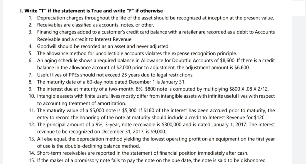 I. Write "T" if the statement is True and write "F" if otherwise
1. Depreciation charges throughout the life of the asset should be recognized at inception at the present value.
2. Receivables are classified as accounts, notes, or other.
3. Financing charges added to a customer's credit card balance with a retailer are recorded as a debit to Accounts
Receivable and a credit to Interest Revenue.
4. Goodwill should be recorded as an asset and never adjusted.
5. The allowance method for uncollectible accounts violates the expense recognition principle.
6. An aging schedule shows a required balance in Allowance for Doubtful Accounts of $8,600. If there is a credit
balance in the allowance account of $2,000 prior to adjustment, the adjustment amount is $6,600.
7. Useful lives of PPES should not exceed 25 years due to legal restrictions.
8. The maturity date of a 60-day note dated December 1 is January 31.
9. The interest due at maturity of a two-month, 8%, $800 note is computed by multiplying $800 X .08 X 2/12.
10. Intangible assets with finite useful lives mostly differ from intangible assets with infinite useful lives with respect
to accounting treatment of amortization.
11. The maturity value of a $5,000 note is $5,300. If $180 of the interest has been accrued prior to maturity, the
entry to record the honoring of the note at maturity should include a credit to Interest Revenue for $120.
12. The principal amount of a 9%, 3-year, note receivable is $300,000 and is dated January 1, 2017. The interest
revenue to be recognized on December 31, 2017, is $9,000.
13. All else equal, the depreciation method yielding the lowest operating profit on an equipment on the first year
of use is the double-declining balance method.
14. Short-term receivables are reported in the statement of financial position immediately after cash.
15. If the maker of a promissory note fails to pay the note on the due date, the note is said to be dishonored
