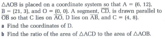 AAOB is placed on a coordinate system so that A = (6, 12),
B = (21, 3), and O=(0, 0). A segment, CD, is drawn parallel to
OB so that C lies on AO, D lies on AB, and C = (4,8).
a Find the coordinates of D.
b Find the ratio of the area of AACD to the area of AAOB.