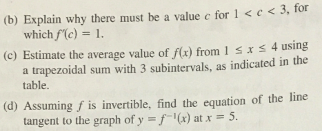 (b) Explain why there must be a value c for 1 <c<3, for
which f'(c) = 1.
(c) Estimate the average value of f(x) from 1 ≤ x ≤ 4 using
a trapezoidal sum with 3 subintervals, as indicated in the
table.
(d) Assuming f is invertible, find the equation of the line
tangent to the graph of y = f(x) at x = 5.