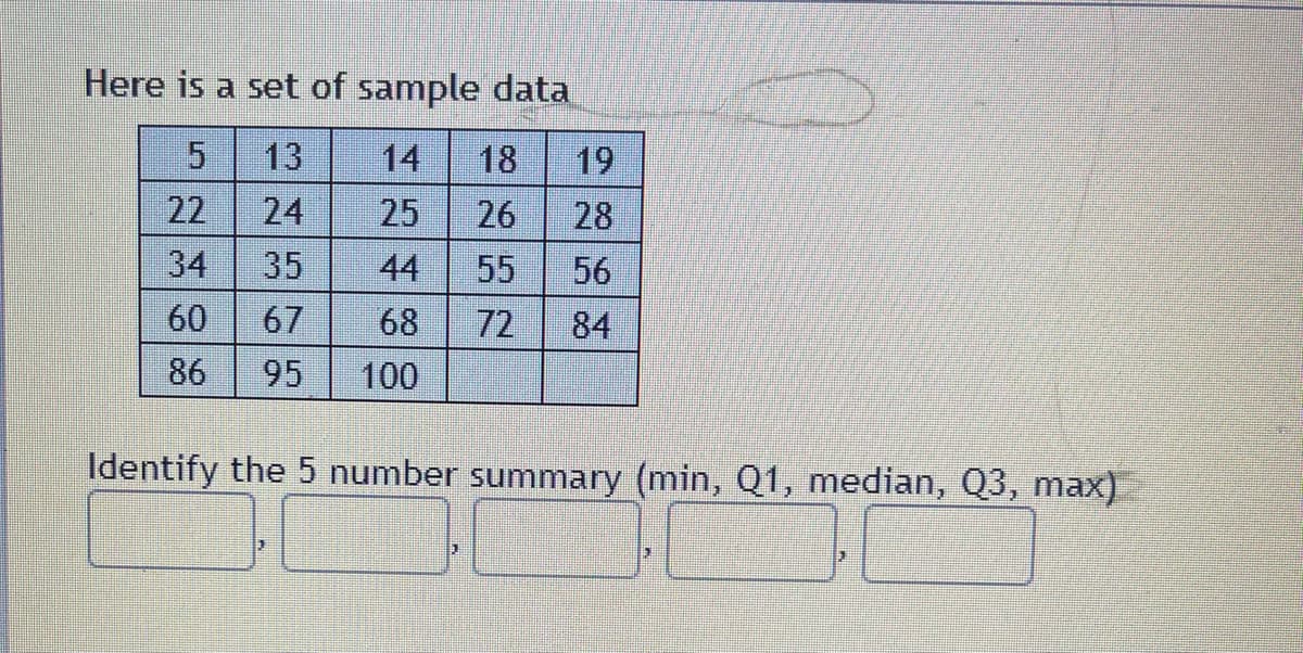 Here is a set of sample data
5
13
18
22
24
25
26
34
35
44 55
60 67
68
86 95 100
28
56
72 84
Identify the 5 number summary (min, Q1, median, Q3, max)