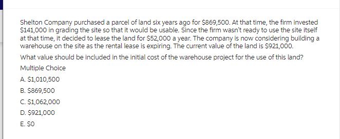 Shelton Company purchased a parcel of land six years ago for $869,500. At that time, the firm invested
$141,000 in grading the site so that it would be usable. Since the firm wasn't ready to use the site itself
at that time, it decided to lease the land for $52,000 a year. The company is now considering building a
warehouse on the site as the rental lease is expiring. The current value of the land is $921,000.
What value should be included in the initial cost of the warehouse project for the use of this land?
Multiple Choice
A. $1,010,500
B. $869,500
C. $1,062,000
D. $921,000
E. SO