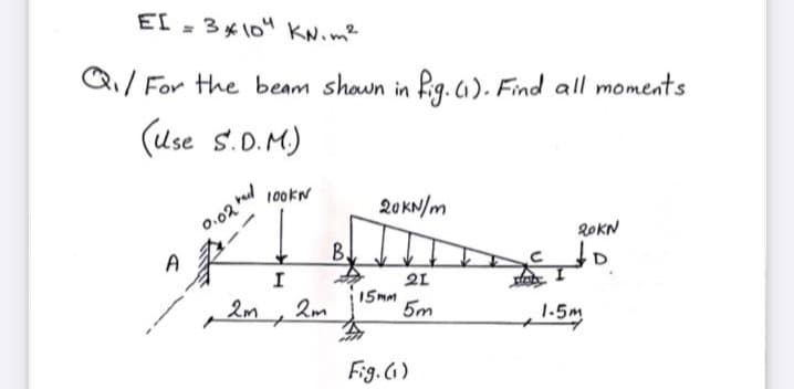 EI = 3*10" KN.m2
Qi/ For the beam shown in fig. 1). Find all moments
(Use s.D. M)
100KN
20 KN/m
0.02 td
2OKN
A
B.
21
15mm
5m
2m
1-5m
Fig. (1)
