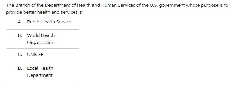 The Branch of the Department of Health and Human Services of the U.S. government whose purpose is to
provide better health and services is:
A. Public Health Service
B. World Health
Organization
C. UNICEF
D. Local Health
Department
