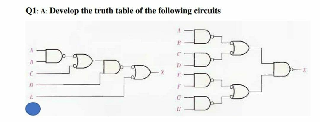Q1: A: Develop the truth table of the following circuits
D.
C
E
D
G
D
H
