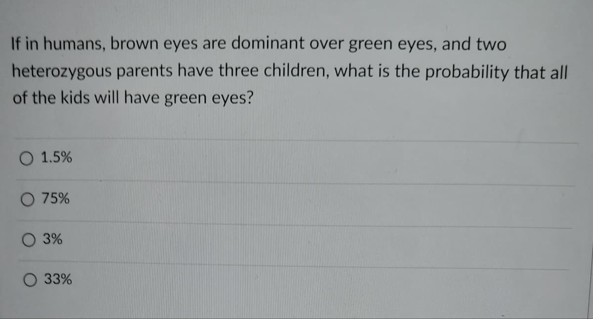 If in humans, brown eyes are dominant over green eyes, and two
heterozygous parents have three children, what is the probability that all
of the kids will have green eyes?
O 1.5%
O 75%
3%
O 33%