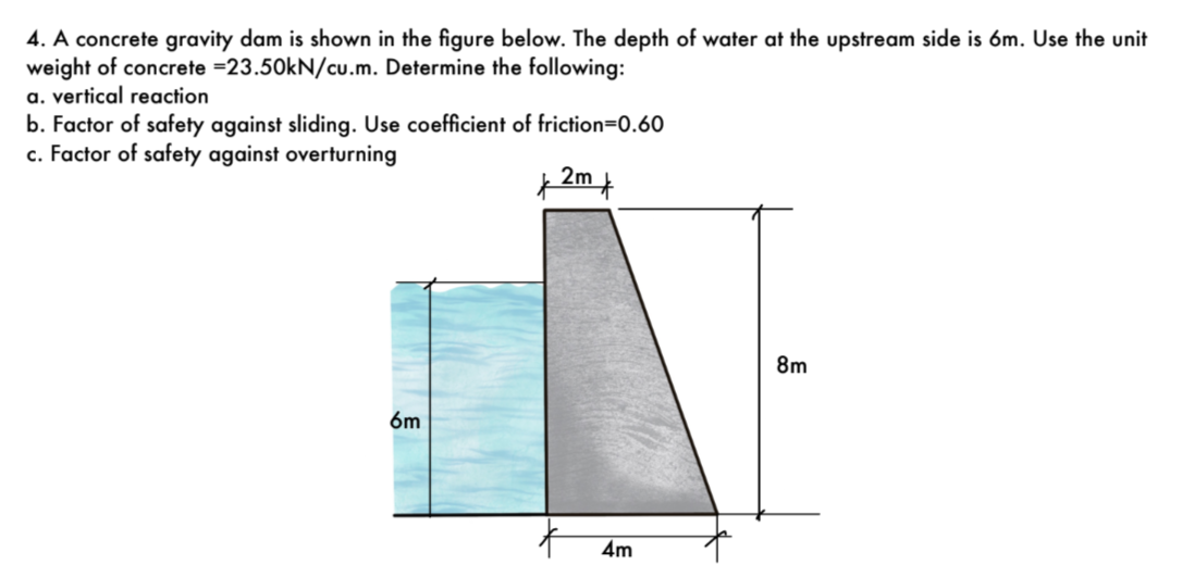 4. A concrete gravity dam is shown in the figure below. The depth of water at the upstream side is 6m. Use the unit
weight of concrete =23.50kN/cu.m. Determine the following:
a. vertical reaction
b. Factor of safety against sliding. Use coefficient of friction=D0.60
c. Factor of safety against overturning
2m +
8m
6m
4m
