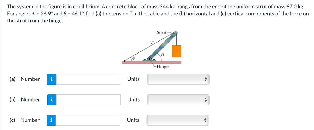 The system in the figure is in equilibrium. A concrete block of mass 344 kg hangs from the end of the uniform strut of mass 67.0 kg.
For angles p = 26.9° and 0 = 46.1°, find (a) the tension Tin the cable and the (b) horizontal and (c) vertical components of the force on
the strut from the hinge.
Strut
-Hinge
(a) Number
i
Units
(b) Number
i
Units
(c) Number
i
Units

