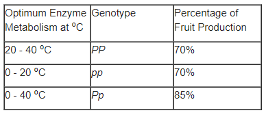 Optimum Enzyme Genotype
Metabolism at °C
Percentage of
Fruit Production
20 - 40 °C
PP
70%
0 - 20 °C
pp
70%
0 - 40 °C
Pp
85%
