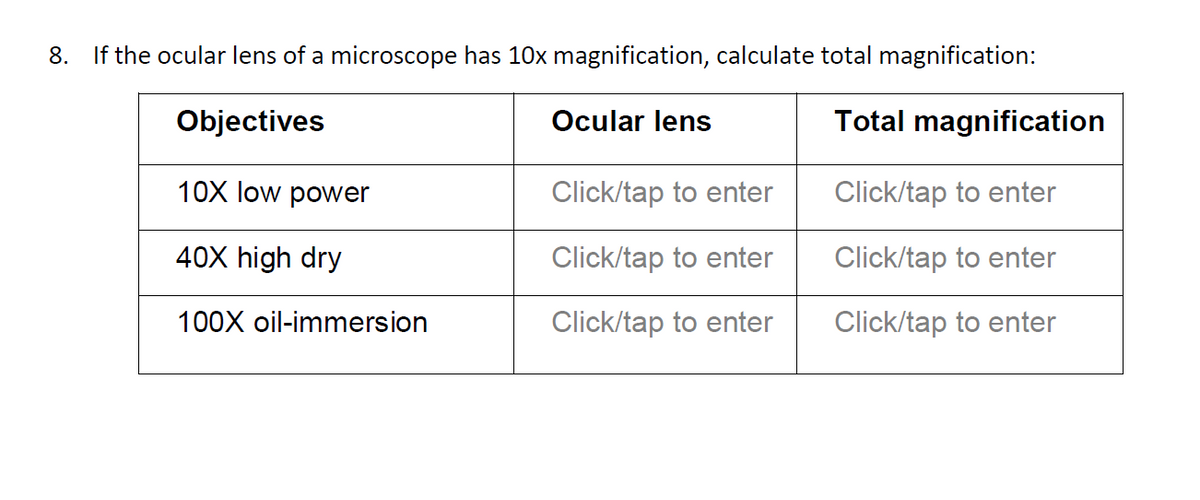 8. If the ocular lens of a microscope has 10x magnification, calculate total magnification:
Objectives
Ocular lens
Total magnification
10X low power
Click/tap to enter
Click/tap to enter
40X high dry
Click/tap to enter
Click/tap to enter
100X oil-immersion
Click/tap to enter
Click/tap to enter
