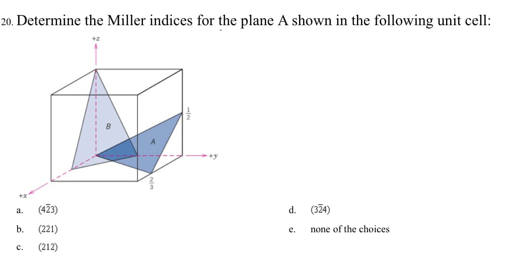 20. Determine the Miller indices for the plane A shown in the following unit cell:
+y
+x
(423)
d.
(324)
а.
b.
(221)
none of the choices
е.
(212)
с.
