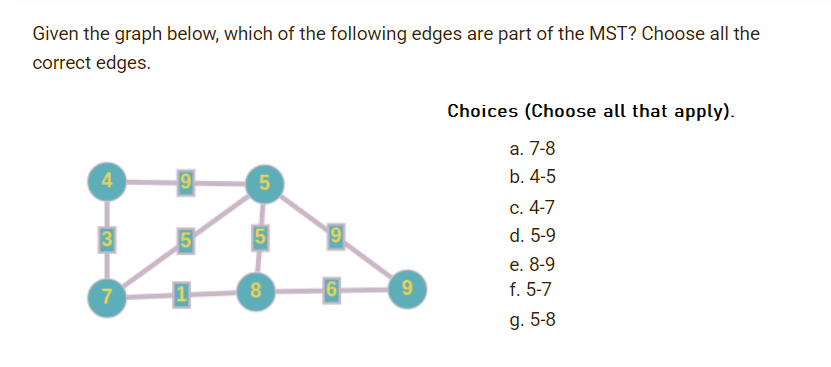 Given the graph below, which of the following edges are part of the MST? Choose all the
correct edges.
Choices (Choose all that apply).
а. 7-8
5
b. 4-5
С. 4-7
3
15
d. 5-9
е. 8-9
f. 5-7
8
9
g. 5-8
4-
7.
