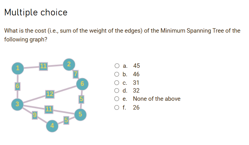 Multiple choice
What is the cost (i.e., sum of the weight of the edges) of the Minimum Spanning Tree of the
following graph?
11
2
O a. 45
1
ОБ. 46
с.
31
O d. 32
O e. None of the above
O f. 26
12
11
9.
5
4
3.
