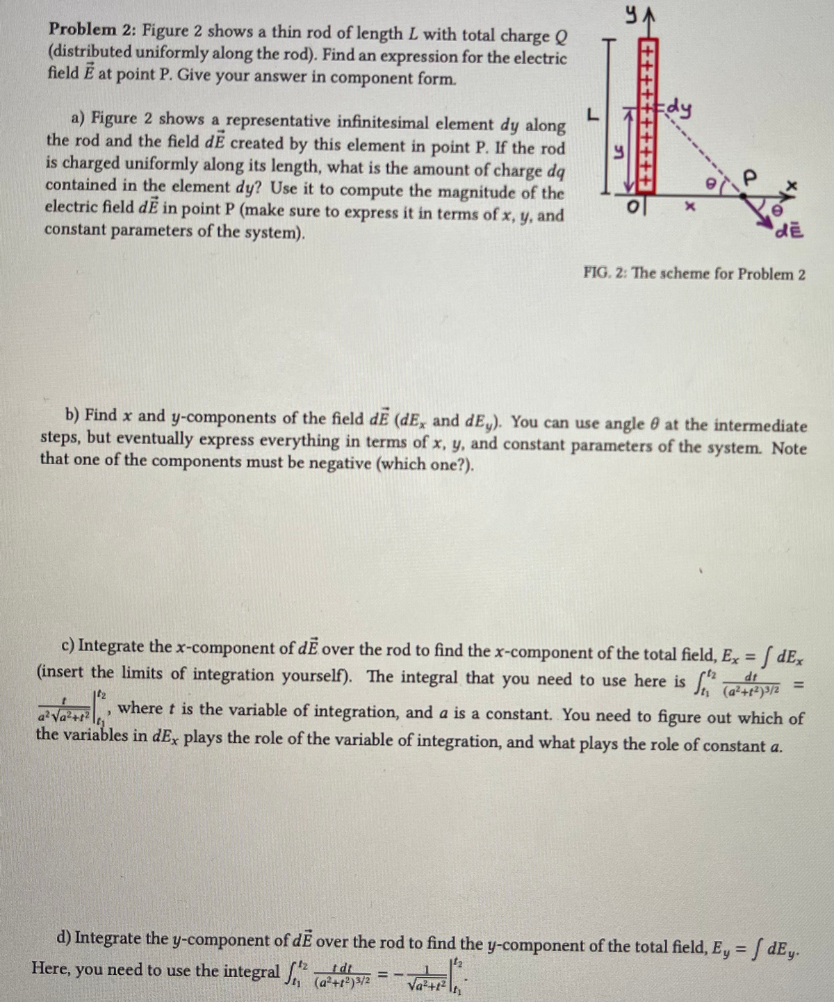 Problem 2: Figure 2 shows a thin rod of length L with total charge Q
(distributed uniformly along the rod). Find an expression for the electric
field E at point P. Give your answer in component form.
a) Figure 2 shows a representative infinitesimal element dy along
the rod and the field dE created by this element in point P. If the rod
is charged uniformly along its length, what is the amount of charge dq
contained in the element dy? Use it to compute the magnitude of the
electric field dĒ in point P (make sure to express it in terms of x, y, and
constant parameters of the system).
L
ул
LC
▸
IV
Edy
P
de
FIG. 2: The scheme for Problem 2
b) Find x and y-components of the field dE (dEx and dEy). You can use angle at the intermediate
steps, but eventually express everything in terms of x, y, and constant parameters of the system. Note
that one of the components must be negative (which one?).
c) Integrate the x-component of de over the rod to find the x-component of the total field, Ex =
(insert the limits of integration yourself). The integral that you need to use here is ² dt
fdEx
(a²+1²)3/2
=
²√²+ where t is the variable of integration, and a is a constant. You need to figure out which of
the variables in dEx plays the role of the variable of integration, and what plays the role of constant a.
d) Integrate the y-component of de over the rod to find the y-component of the total field, Ey = | dEy.
Here, you need to use the integral (41) 3/2