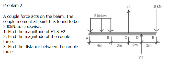 Problem 2
F1
8 kN
A couple force acts on the beam. The
couple moment at point E is found to be
200KN.m. clockwise.
5 kN/m
1. Find the magnitude of F1 & F2.
2. Find the magnitude of the couple
force.
B
E
4m
3m
2m
3m
3. Find the distance between the couple
force.
F2
