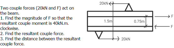 20kN
Two couple forces (20KN and F) act on
the beam.
1. Find the magnitude of F so that the
resultant couple moment is 40kN.m.
clockwise.
1.5m
0.75m
F
2. Find the resultant couple force.
3. Find the distance between the resultant
20kN
couple force.
