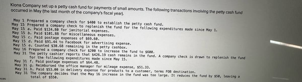 ces
Kiona Company set up a petty cash fund for payments of small amounts. The following transactions involving the petty cash fund
occurred in May (the last month of the company's fiscal year).
May 1 Prepared a company check for $400 to establish the petty cash fund.
May 15 Prepared a company check to replenish the fund for the following expenditures made since May 1.
May 15 a. Paid $124.80 for janitorial expenses.
May 15 b. Paid $101.88 for miscellaneous expenses.
May 15 c. Paid postage expenses of $69.60.
May 15 d. Paid $91.44 to Facebook for advertising expense.
May 15 e. Counted $30.68 remaining in the petty cashbox.
May 16 Prepared a company check for $200 to increase the fund to $600.
May 31 The petty cashier reports that $426.19 cash remains in the fund. A company check is drawn to replenish the fund
for the following expenditures made since May 15.
May 31 f. Paid postage expenses of $64.48.
May 31 g. Reimbursed the office manager for mileage expense, $51.33.
May 31 h. Paid $53.00 in delivery expense for products to a customer, terms FOB destination.
May 31 The company decides that the May 16 increase in the fund was too large. It reduces the fund by $50, leaving a
total of $550.