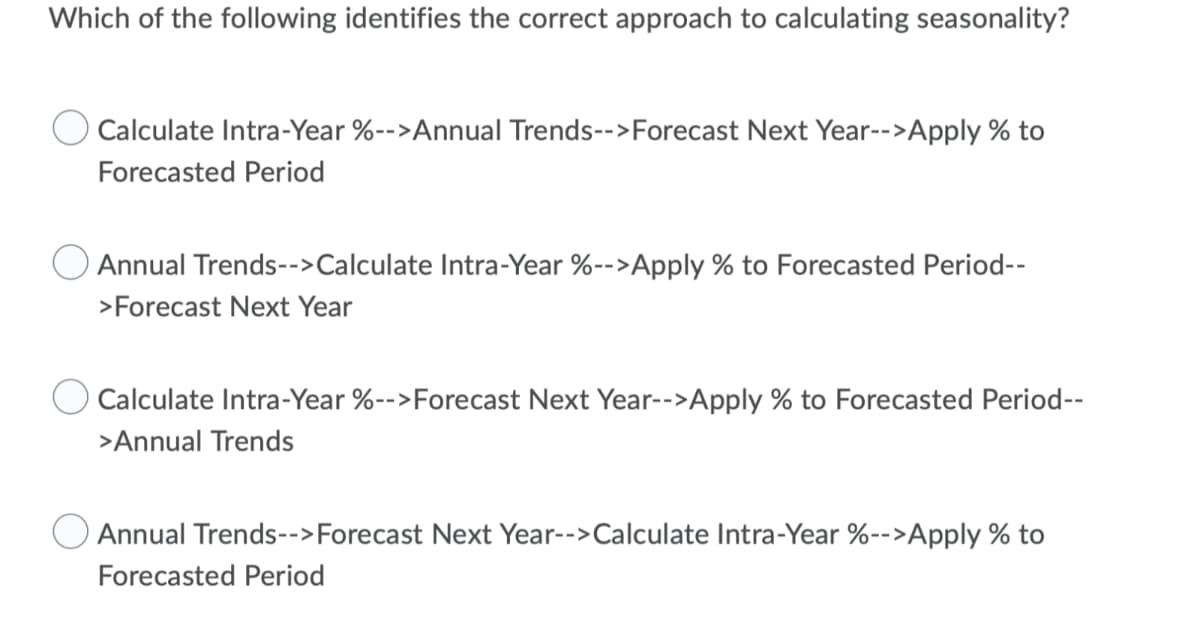 Which of the following identifies the correct approach to calculating seasonality?
Calculate Intra-Year %-->Annual Trends-->Forecast Next Year-->Apply % to
Forecasted Period
Annual Trends-->Calculate Intra-Year %-->Apply % to Forecasted Period--
>Forecast Next Year
Calculate Intra-Year %-->Forecast Next Year-->Apply % to Forecasted Period--
>Annual Trends
Annual Trends-->Forecast Next Year-->Calculate Intra-Year %-->Apply % to
Forecasted Period
