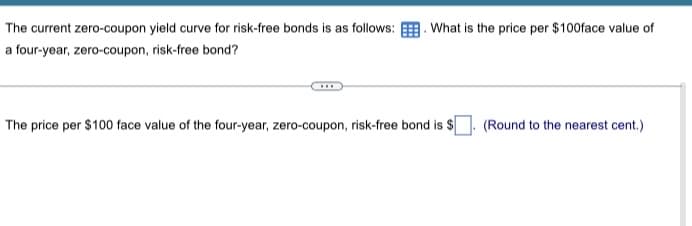 The current zero-coupon yield curve for risk-free bonds is as follows: What is the price per $100face value of
a four-year, zero-coupon, risk-free bond?
The price per $100 face value of the four-year, zero-coupon, risk-free bond is $. (Round to the nearest cent.)