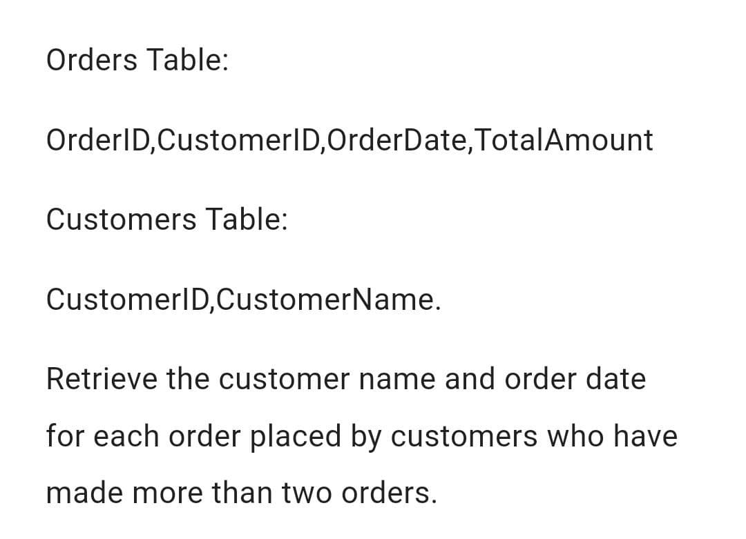 Orders Table:
OrderID, CustomerID, Order Date, TotalAmount
Customers Table:
CustomerID,CustomerName.
Retrieve the customer name and order date
for each order placed by customers who have
made more than two orders.