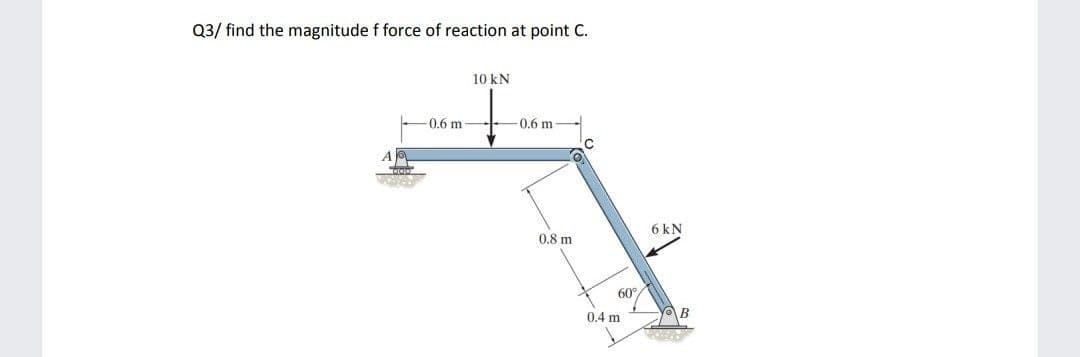 Q3/ find the magnitude f force of reaction at point C.
A
f
-100
-0.6 m
10 kN
-0.6 m
0.8 m
60°
0.4 m
6 kN