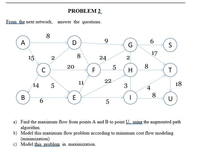 PROBLEM 2
From the next network, answer the questions.
8
A
D
9.
6.
G
S
17
15
8
24
2
2
20
8
F
H
11
22
14
5
3
18
4
8
B
E
U
5
a) Find the maximum flow from points A and B to point U, using the augmented path
algorithm.
b) Model this maximum flow problem according to minimum cost flow modeling
(minimization)
c) Model this_problem in maximization.
