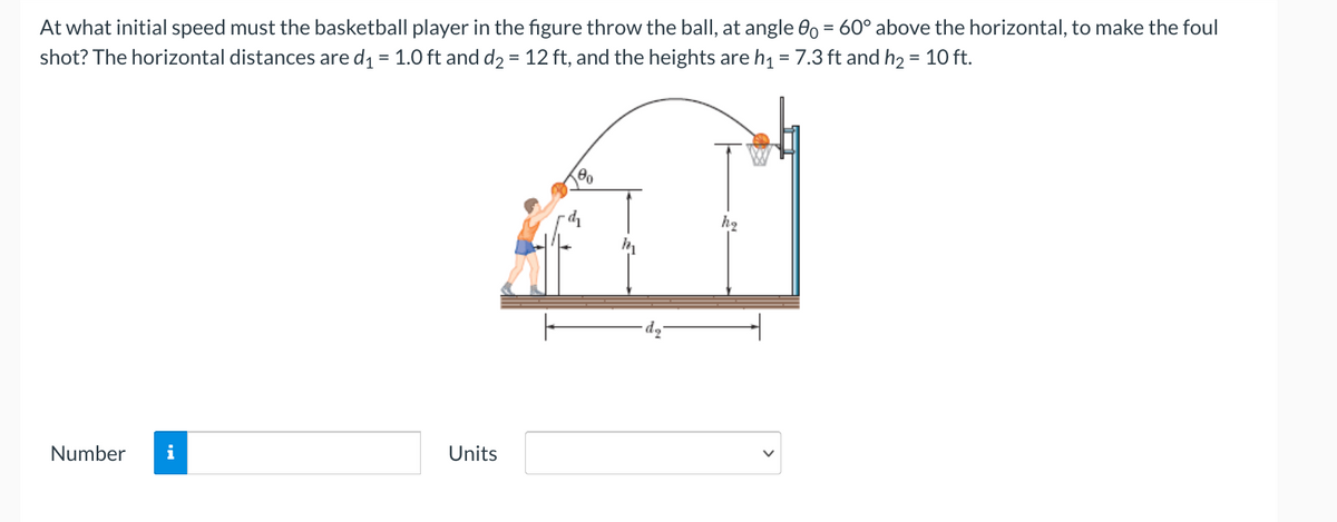 At what initial speed must the basketball player in the figure throw the ball, at angle 00 = 60° above the horizontal, to make the foul
shot? The horizontal distances are d1 = 1.0 ft and d2 = 12 ft, and the heights are h1 = 7.3 ft and h2 = 10 ft.
%3D
Number
i
Units
