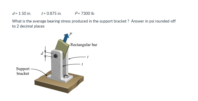 d= 1.50 in.
t = 0.875 in.
P= 7300 lb
What is the average bearing stress produced in the support bracket? Answer in psi rounded-off
to 2 decimal places
Rectangular bar
Support
bracket