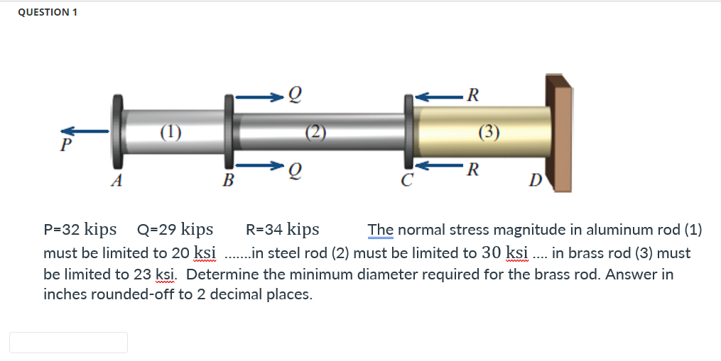 QUESTION 1
R
(1)
P
R
A
B
D
P=32 kips Q=29 kips R=34 kips
The normal stress magnitude in aluminum rod (1)
must be limited to 20 ksi ........in steel rod (2) must be limited to 30 ksi .... in brass rod (3) must
be limited to 23 ksi. Determine the minimum diameter required for the brass rod. Answer in
inches rounded-off to 2 decimal places.