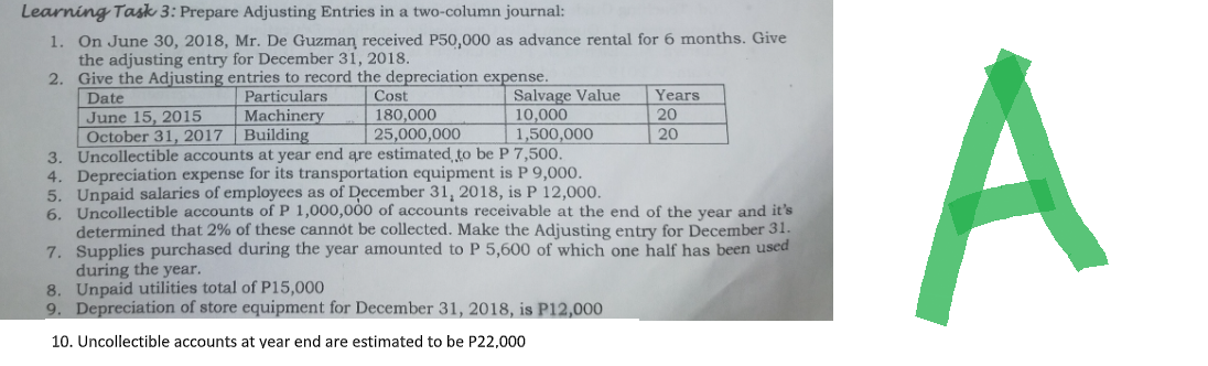 Learning Task 3: Prepare Adjusting Entries in a two-column journal:
1. On June 30, 2018, Mr. De Guzman received P50,000 as advance rental for 6 months. Give
the adjusting entry for December 31, 2018.
2. Give the Adjusting entries to record the depreciation expense.
Date
Particulars
Cost
Years
June 15, 2015
Machinery
Building
20
Salvage Value
10,000
1,500,000
180,000
25,000,000
October 31, 2017
20
3. Uncollectible accounts at year end are estimated to be P 7,500.
4. Depreciation expense for its transportation equipment is P 9,000.
5. Unpaid salaries of employees as of December 31, 2018, is P 12,000.
6. Uncollectible accounts of P 1,000,000 of accounts receivable at the end of the year and it's
determined that 2% of these cannot be collected. Make the Adjusting entry for December 31.
7. Supplies purchased during the year amounted to P 5,600 of which one half has been used
during the year.
8. Unpaid utilities total of P15,000
9. Depreciation of store equipment for December 31, 2018, is P12,000
10. Uncollectible accounts at year end are estimated to be P22,000
A