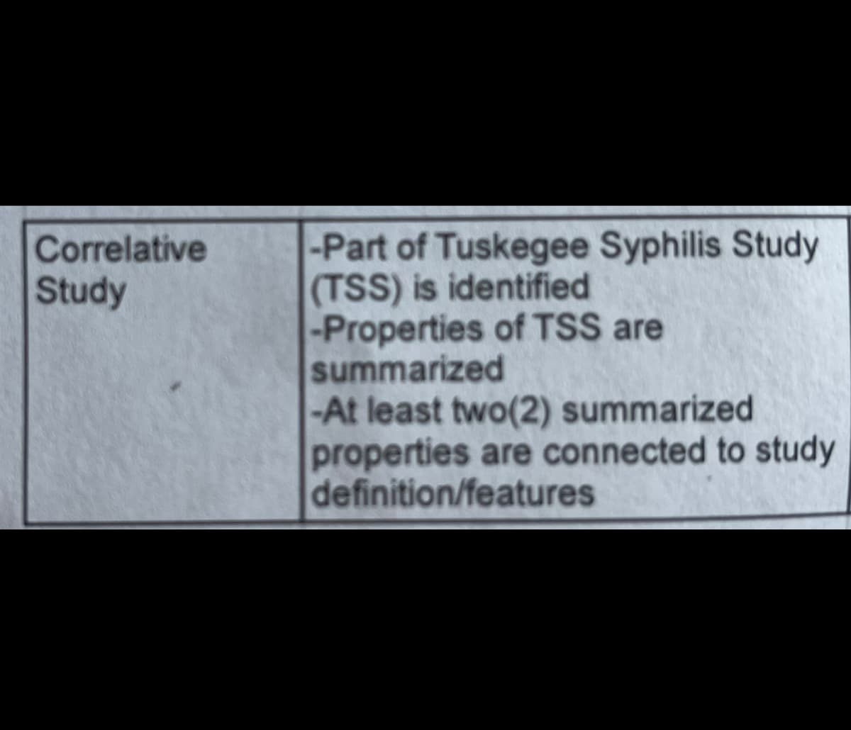 Correlative
Study
-Part of Tuskegee Syphilis Study
(TSS) is identified
-Properties of TSS are
summarized
-At least two(2) summarized
properties are connected to study
definition/features