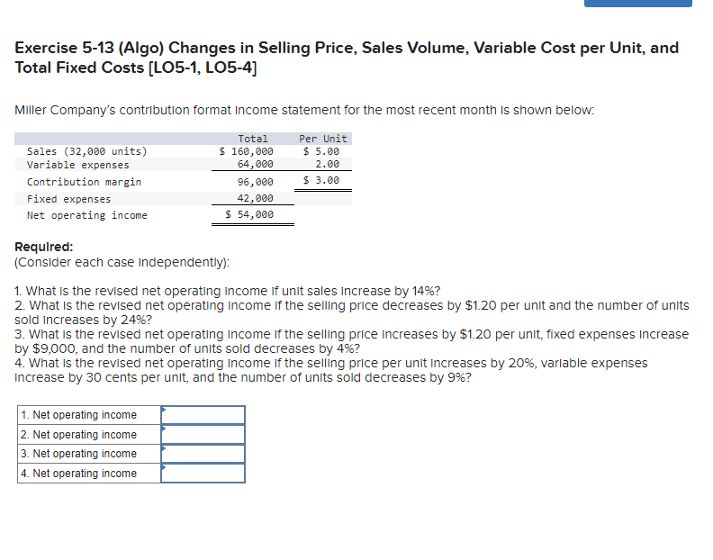 Exercise 5-13 (Algo) Changes in Selling Price, Sales Volume, Variable Cost per Unit, and
Total Fixed Costs [LO5-1, LO5-4]
Miller Company's contribution format Income statement for the most recent month is shown below:
Per Unit
$ 5.00
2.00
$ 3.00
Sales (32,000 units)
Variable expenses
Contribution margin
Fixed expenses
Net operating income
Total
$ 160,000
64,000
96,000
42,000
$ 54,000
Required:
(Consider each case independently):
1. What is the revised net operating income if unit sales increase by 14%?
2. What is the revised net operating income if the selling price decreases by $1.20 per unit and the number of units
sold increases by 24%?
1. Net operating income
2. Net operating income
3. Net operating income
4. Net operating income
3. What is the revised net operating income if the selling price increases by $1.20 per unit, fixed expenses increase
by $9,000, and the number of units sold decreases by 4%?
4. What is the revised net operating income if the selling price per unit increases by 20%, variable expenses
Increase by 30 cents per unit, and the number of units sold decreases by 9%?