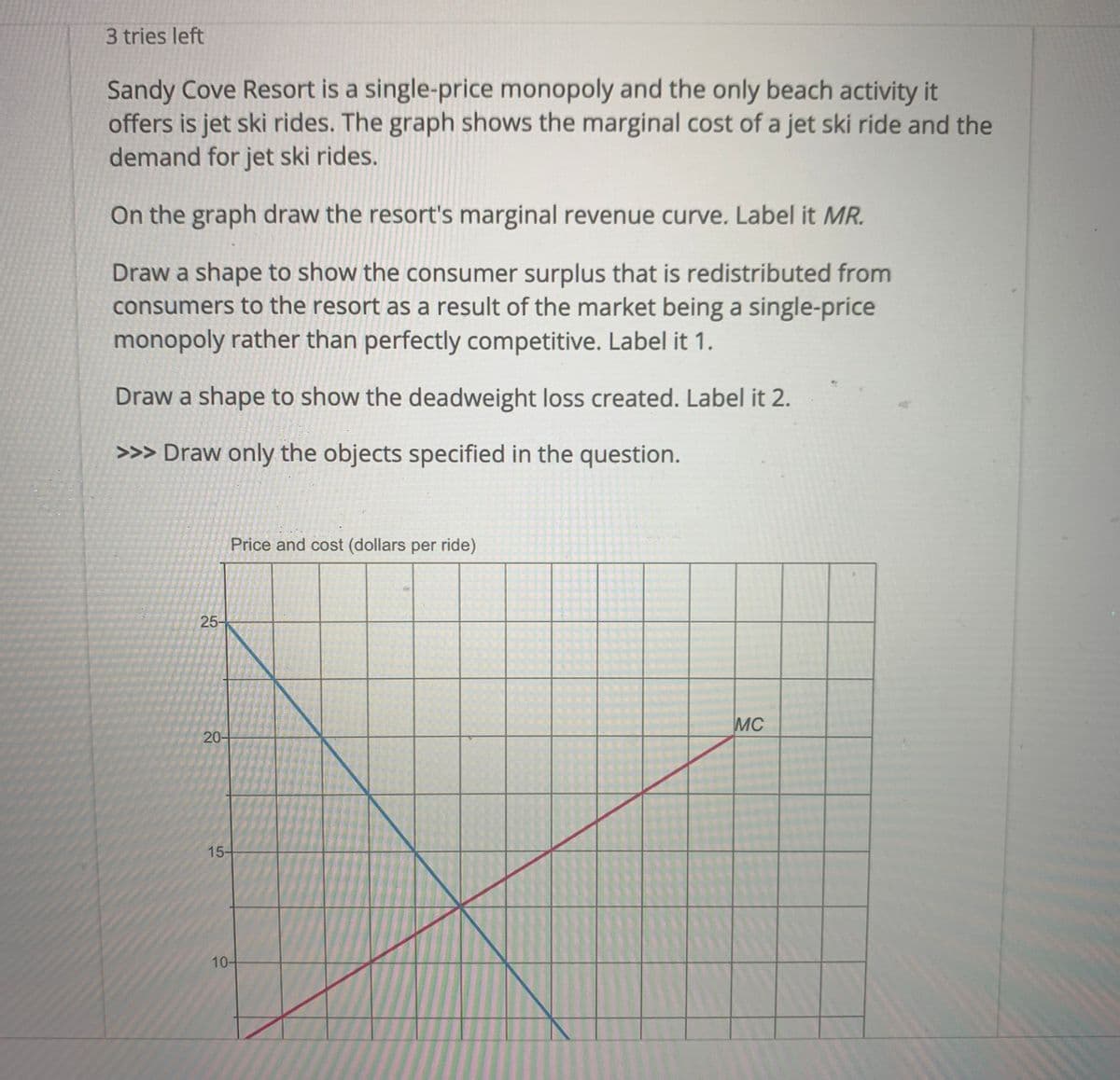 3 tries left
Sandy Cove Resort is a single-price monopoly and the only beach activity it
offers is jet ski rides. The graph shows the marginal cost of a jet ski ride and the
demand for jet ski rides.
On the graph draw the resort's marginal revenue curve. Label it MR.
Draw a shape to show the consumer surplus that is redistributed from
consumers to the resort as a result of the market being a single-price
nonopoly rather than perfectly competitive. Label it 1.
Draw a shape to show the deadweight loss created. Label it 2.
>>> Draw only the objects specified in the question.
25-
20-
15-
Price and cost (dollars per ride)
10-
MC