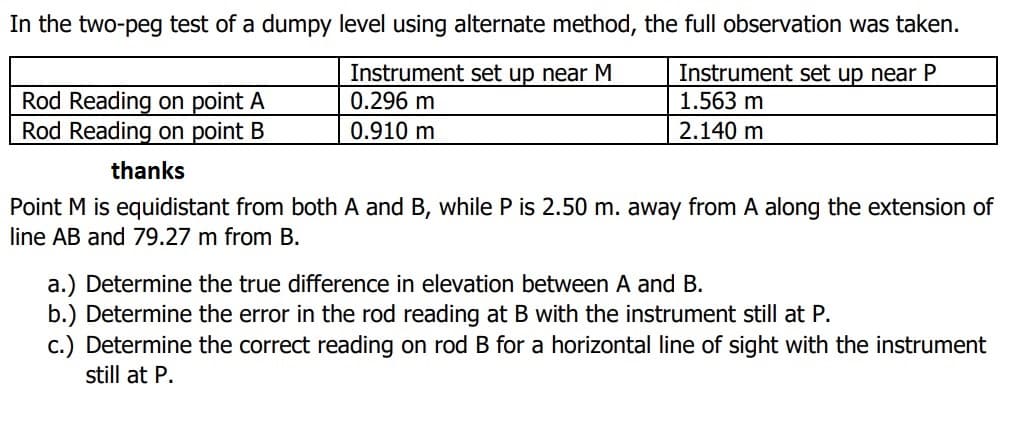 In the two-peg test of a dumpy level using alternate method, the full observation was taken.
Instrument set up near M
0.296 m
Instrument set up near P
1.563 m
Rod Reading on point A
Rod Reading on point B
0.910 m
2.140 m
thanks
Point M is equidistant from both A and B, while P is 2.50 m. away from A along the extension of
line AB and 79.27 m from B.
a.) Determine the true difference in elevation between A and B.
b.) Determine the error in the rod reading at B with the instrument still at P.
c.) Determine the correct reading on rod B for a horizontal line of sight with the instrument
still at P.
