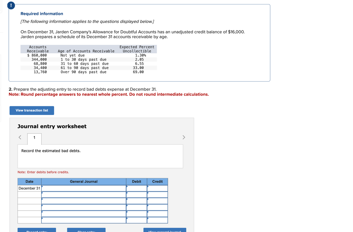 Required information
[The following information applies to the questions displayed below.]
On December 31, Jarden Company's Allowance for Doubtful Accounts has an unadjusted credit balance of $16,000.
Jarden prepares a schedule of its December 31 accounts receivable by age.
Accounts
Receivable
$ 860,000
Age of Accounts Receivable
Not yet due
1 to 30 days past due
Expected Percent
Uncollectible
1.30%
344,000
2.05
68,800
31 to 60 days past due
6.55
34,400
13,760
61 to 90 days past due
Over 90 days past due
33.00
69.00
2. Prepare the adjusting entry to record bad debts expense at December 31.
Note: Round percentage answers to nearest whole percent. Do not round intermediate calculations.
View transaction list
Journal entry worksheet
1
Record the estimated bad debts.
Note: Enter debits before credits.
Date
December 31
General Journal
Debit
Credit