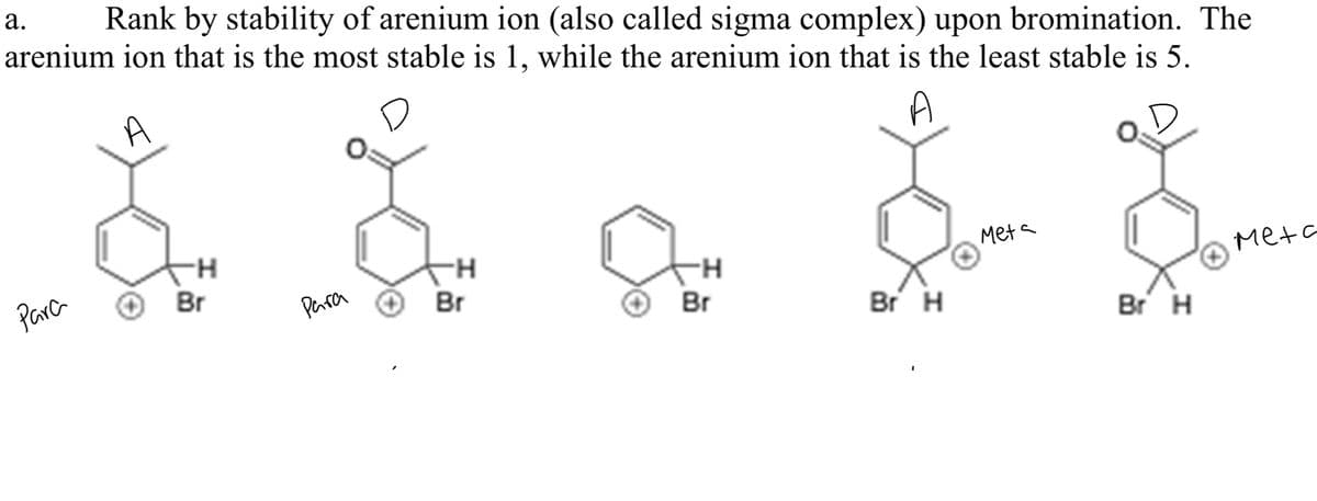 a. Rank by stability of arenium ion (also called sigma complex) upon bromination. The
arenium ion that is the most stable is 1, while the arenium ion that is the least stable is 5.
A
A
Para
Br
H
-H
Meta
Para
-H
Br
Br
Br H
мета
Br H