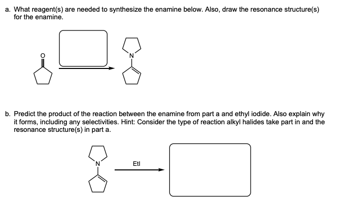 a. What reagent(s) are needed to synthesize the enamine below. Also, draw the resonance structure(s)
for the enamine.
b. Predict the product of the reaction between the enamine from part a and ethyl iodide. Also explain why
it forms, including any selectivities. Hint: Consider the type of reaction alkyl halides take part in and the
resonance structure(s) in part a.
Etl
