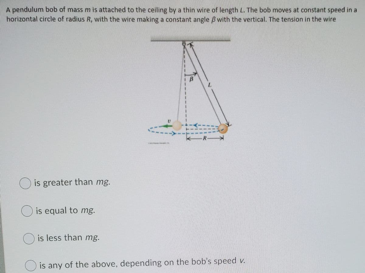 A pendulum bob of mass m is attached to the ceiling by a thin wire of length L. The bob moves at constant speed in a
horizontal circle of radius R, with the wire making a constant angle B with the vertical. The tension in the wire
R >
O is greater than mg.
O is equal to mg.
O is less than mg.
is any of the above, depending on the bob's speed v.
