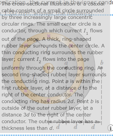 cable consists of ral girde suUTRUnded
"by three increasingly large concentric
circular rings. The small center circle is a
conductor, through which current I, flows
out of the page. A thick, ring-shaped
rubber layer surrounds the center circle. A
thin conducting ring surrounds the rubber
layer; current I, flows into the page
b.
uniformly through the conducting ring. A
second ring-shaped rubber layer surrounds
the conducting ringl. Point a is within the|
first rubber layer, at a distance d to the !
right of the center conductor. The
conducting ring has radius 2d. Point b is i
outside of the outer rubber layer, lat a
distance 3d to the right of the center
conductor. The outer rubber layer has a
d
a
thickness less than d. d
