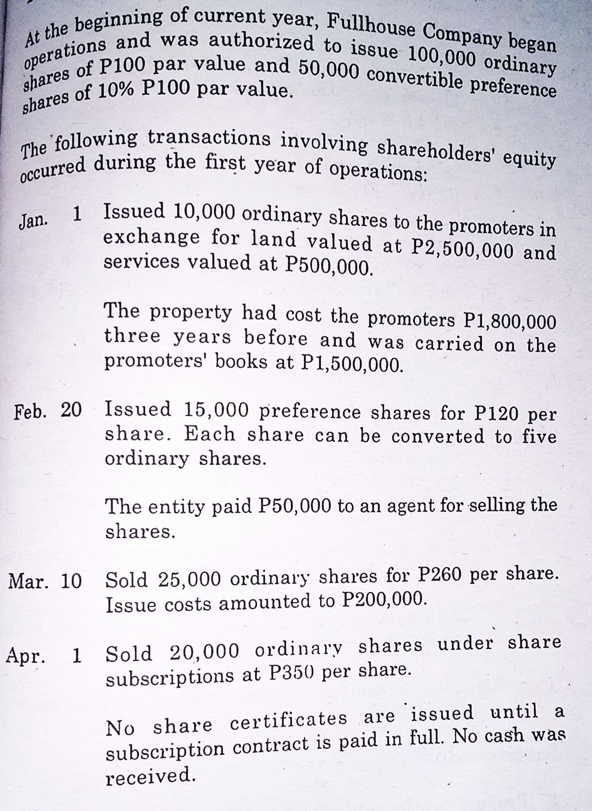 shares of 10% P100 par value.
shares of P100 par value and 50,000 convertible preference
At the beginning of current year, Fullhouse Company began
occurred during the first year of operations:
The following transactions involving shareholders' equity
operations and was authorized to issue 100,000 ordinary
value.
1 Issued 10,000 ordinary shares to the promoters in
exchange for land valued at P2,500,000 and
services valued at P500,000.
Jan.
The property had cost the promoters P1,800,000
three years before and was carried on the
promoters' books at P1,500,000.
Feb. 20 Issued 15,000 preference shares for P120 per
share. Each share can be converted to five
ordinary shares.
The entity paid P50,000 to an agent for selling the
shares.
Mar. 10 Sold 25,000 ordinary shares for P260 per share.
Issue costs amounted to P200,000.
1 Sold 20,000 ordinary shares under share
subscriptions at P350 per share.
Apr.
No share certificates are issued until a
subscription contract is paid in full. No cash was
received.
