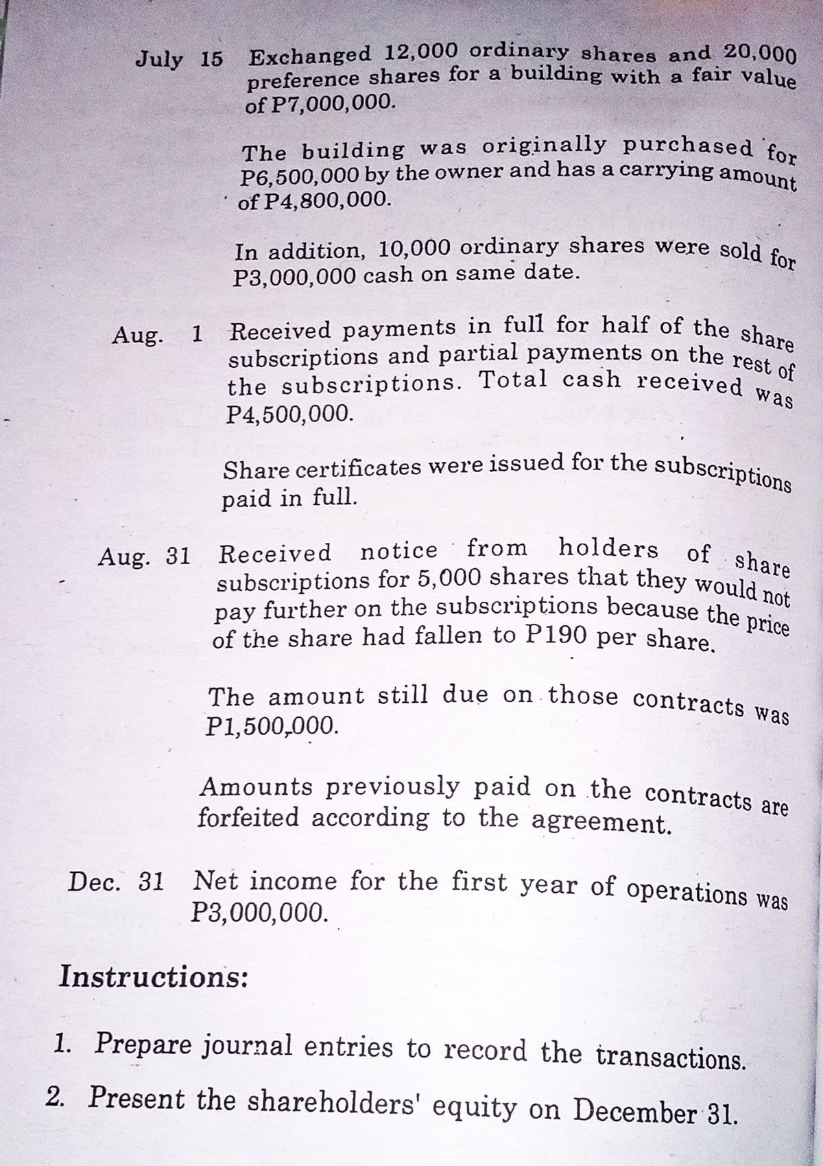 preference shares for a building with a fair value
The amount still due on those contracts was
notice from holders of share
subscriptions for 5,000 shares that they would not
P6,500,000 by the owner and has a carrying amount
Share certificates were issued for the subscriptions
pay further on the subscriptions because the price
The building was originally purchased for
In addition, 10,000 ordinary shares were sold for
subscriptions and partial payments on the rest of
the subscriptions. Total cash received was
1 Received payments in full for half of the share
July 15 Exchanged 12,000 ordinary shares and 20,000
of P7,000,000.
The building was originally purchased fo
* of P4,800,000.
In addition, 10,000 ordinary shares were sold s.
P3,000,000 cash on same date.
Aug. 1
subscriptions and partial payments on the rest
the subscriptions. Total cash received
P4,500,000.
Share certificates were issued for the subscription
paid in full.
from
holders of share
Aug. 31 Received notice
of the share had fallen to P190 per share.
P1,500,000.
Amounts previously paid on the contracts are
forfeited according to the agreement.
Dec. 31 Net income for the first year of operations was
P3,000,000.
Instructions:
1. Prepare journal entries to record the transactions.
2. Present the shareholders' equity on December 31.
