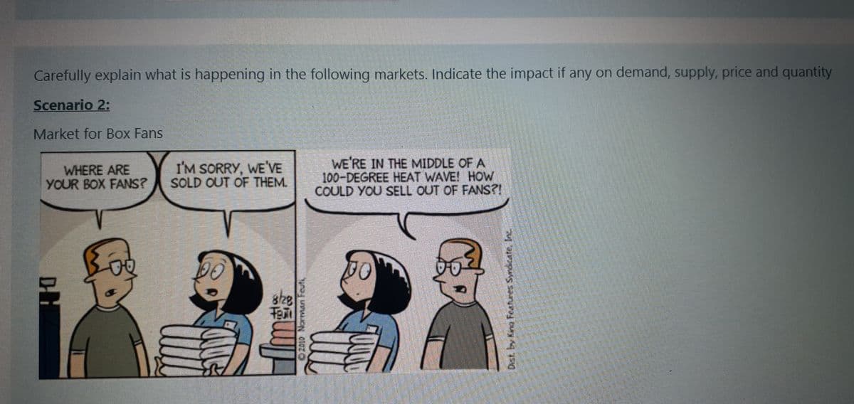 Carefully explain what is happening in the following markets. Indicate the impact if any on demand, supply, price and quantity
Scenario 2:
Market for Box Fans
WHERE ARE
YOUR BOX FANS?
I'M SORRY, WE'VE
SOLD OUT OF THEM.
WE'RE IN THE MIDDLE OF A
100-DEGREE HEAT WAVE! HOW
COULD YOU SELL OUT OF FANS?!
00
328
02010 Norman Feuti,
Dist. by Kne Features Syrdcate. In.
