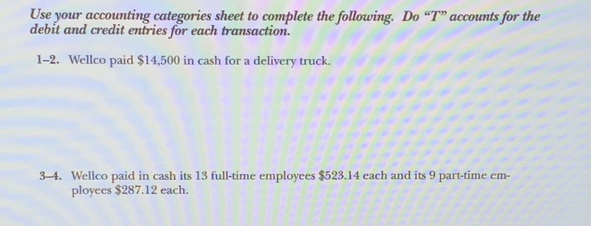 Use your accounting categories sheet to complete the following. Do "T" accounts for the
debit and credit entries for each transaction.
1-2. Wellco paid $14,500 in cash for a delivery truck.
3-4. Wellco paid in cash its 13 full-time employees $523.14 each and its 9 part-time em-
ployees $287.12 each.
