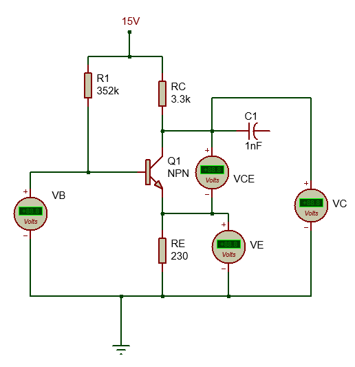 15V
R1
RC
352k
3.3k
C1
HE
1nF
Q1
NPN
Volts
VCE
+
VB
VC
Volts
Volts
RE
88 8 VE
230
Volts
