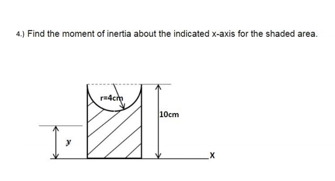 4.) Find the moment of inertia about the indicated x-axis for the shaded area.
r=4cm
10cm
